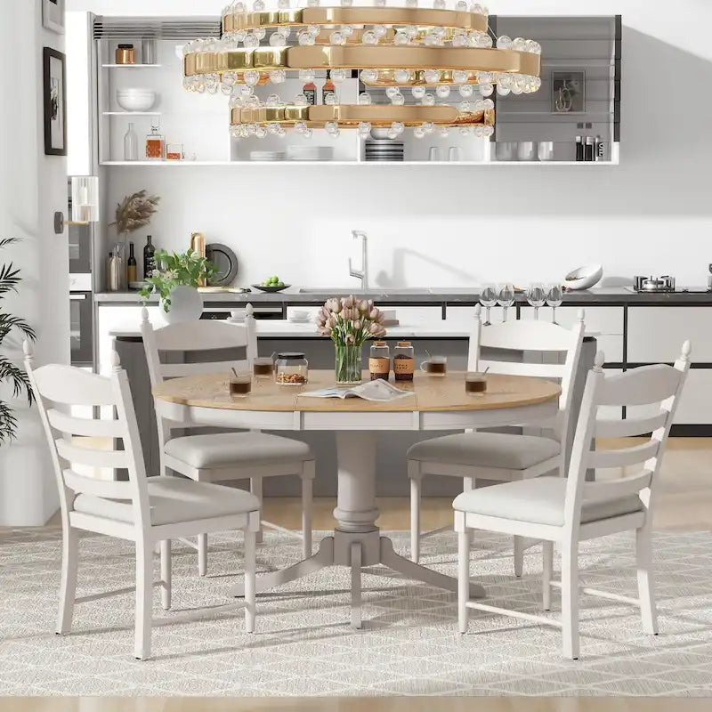 Set da 5 Pezzi Tavolo da Pranzo Rotondo, Tavolo e Sedie da Cucina in Legno Massello con Tavolo Allungabile e 4 Sedie Imbottite