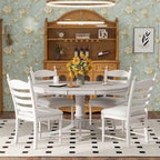 Set da 5 Pezzi Tavolo da Pranzo Rotondo, Tavolo e Sedie da Cucina in Legno Massello con Tavolo Allungabile e 4 Sedie Imbottite