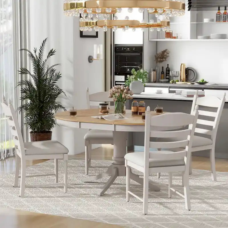 Set da 5 Pezzi Tavolo da Pranzo Rotondo, Tavolo e Sedie da Cucina in Legno Massello con Tavolo Allungabile e 4 Sedie Imbottite