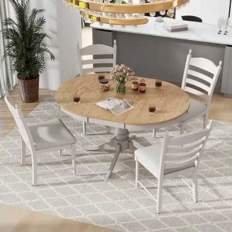 Set da 5 Pezzi Tavolo da Pranzo Rotondo, Tavolo e Sedie da Cucina in Legno Massello con Tavolo Allungabile e 4 Sedie Imbottite