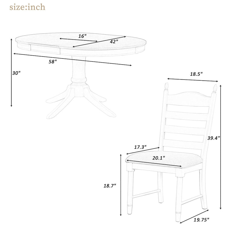 Set da 5 Pezzi Tavolo da Pranzo Rotondo, Tavolo e Sedie da Cucina in Legno Massello con Tavolo Allungabile e 4 Sedie Imbottite