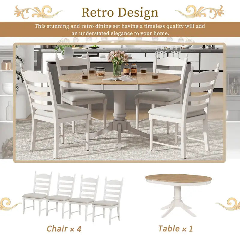 Set da 5 Pezzi Tavolo da Pranzo Rotondo, Tavolo e Sedie da Cucina in Legno Massello con Tavolo Allungabile e 4 Sedie Imbottite