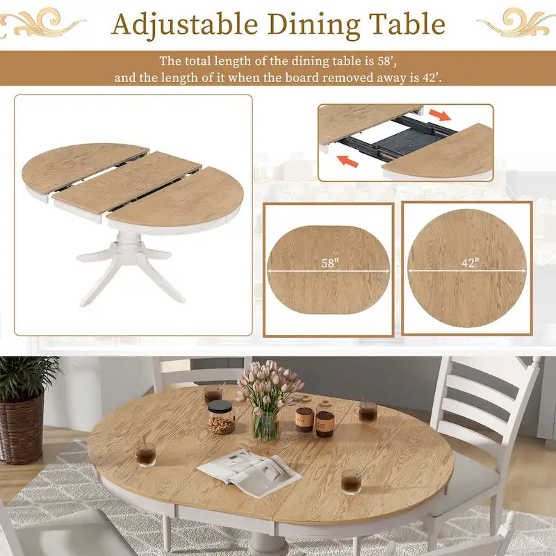 Set da 5 Pezzi Tavolo da Pranzo Rotondo, Tavolo e Sedie da Cucina in Legno Massello con Tavolo Allungabile e 4 Sedie Imbottite