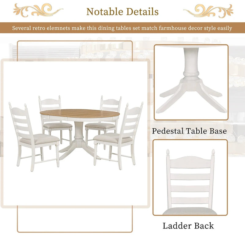 Set da 5 Pezzi Tavolo da Pranzo Rotondo, Tavolo e Sedie da Cucina in Legno Massello con Tavolo Allungabile e 4 Sedie Imbottite