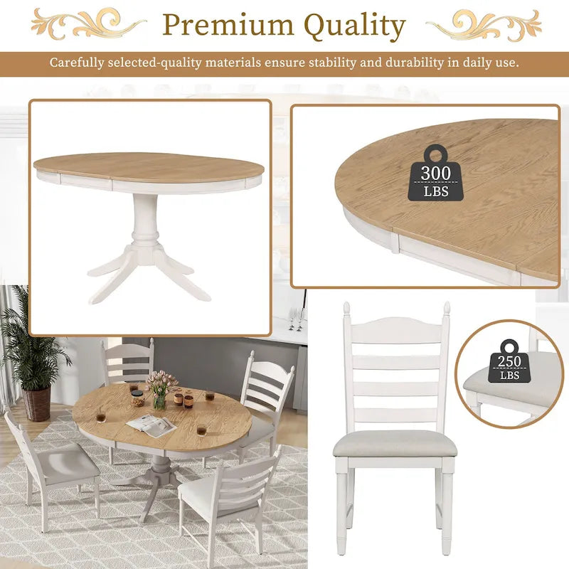 Set da 5 Pezzi Tavolo da Pranzo Rotondo, Tavolo e Sedie da Cucina in Legno Massello con Tavolo Allungabile e 4 Sedie Imbottite