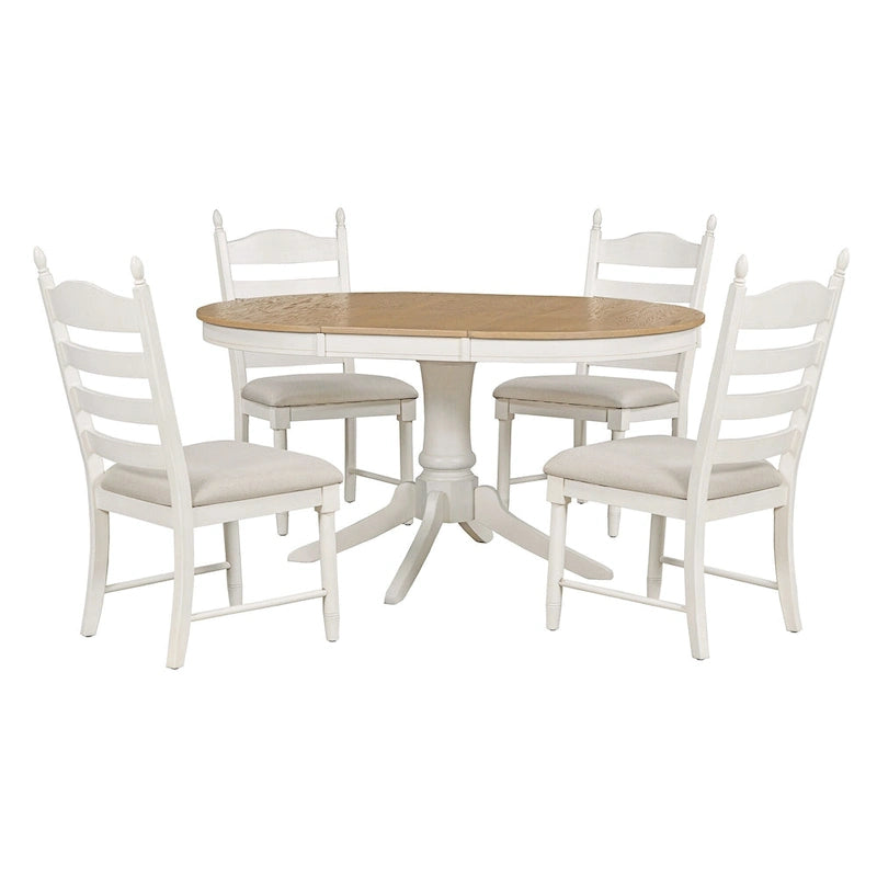 Set da 5 Pezzi Tavolo da Pranzo Rotondo, Tavolo e Sedie da Cucina in Legno Massello con Tavolo Allungabile e 4 Sedie Imbottite