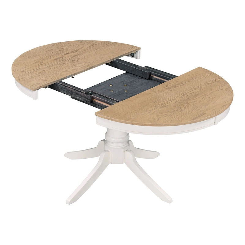 Set da 5 Pezzi Tavolo da Pranzo Rotondo, Tavolo e Sedie da Cucina in Legno Massello con Tavolo Allungabile e 4 Sedie Imbottite