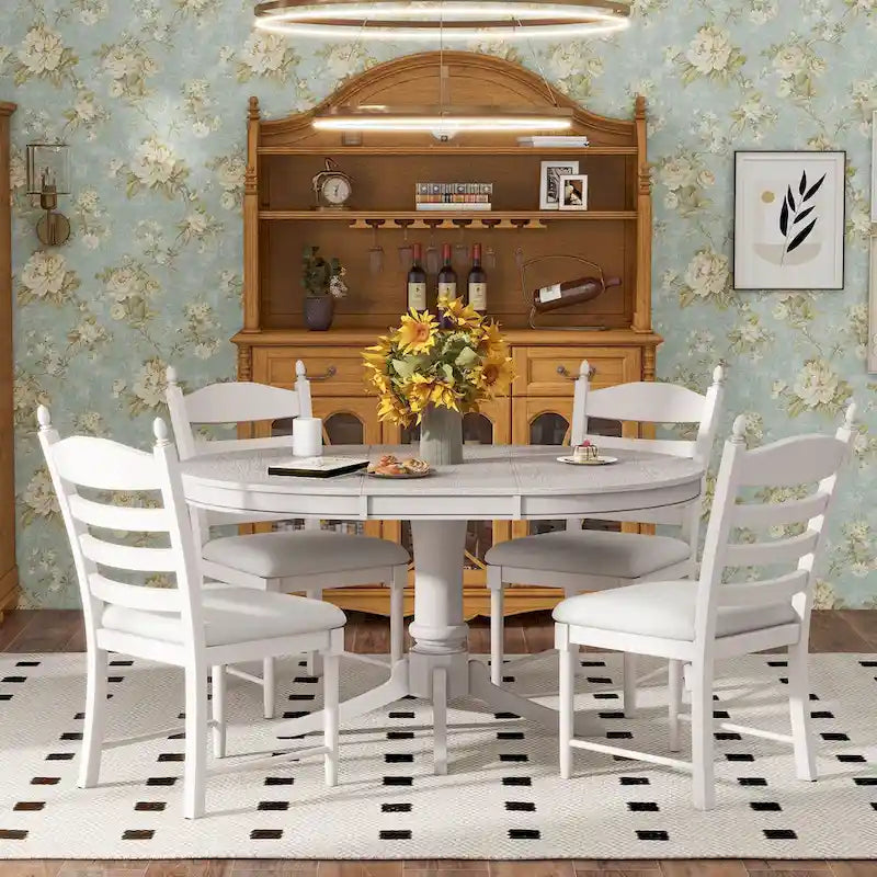 Set da 5 Pezzi Tavolo da Pranzo Rotondo, Tavolo e Sedie da Cucina in Legno Massello con Tavolo Allungabile e 4 Sedie Imbottite