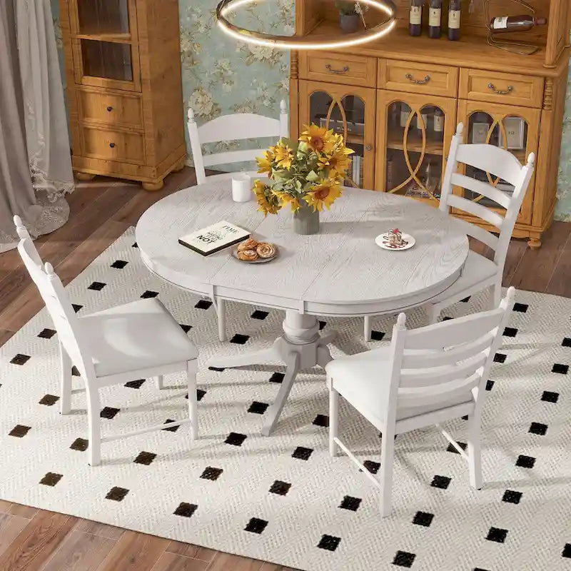 Set da 5 Pezzi Tavolo da Pranzo Rotondo, Tavolo e Sedie da Cucina in Legno Massello con Tavolo Allungabile e 4 Sedie Imbottite