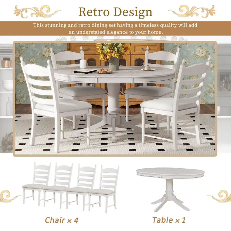 Set da 5 Pezzi Tavolo da Pranzo Rotondo, Tavolo e Sedie da Cucina in Legno Massello con Tavolo Allungabile e 4 Sedie Imbottite