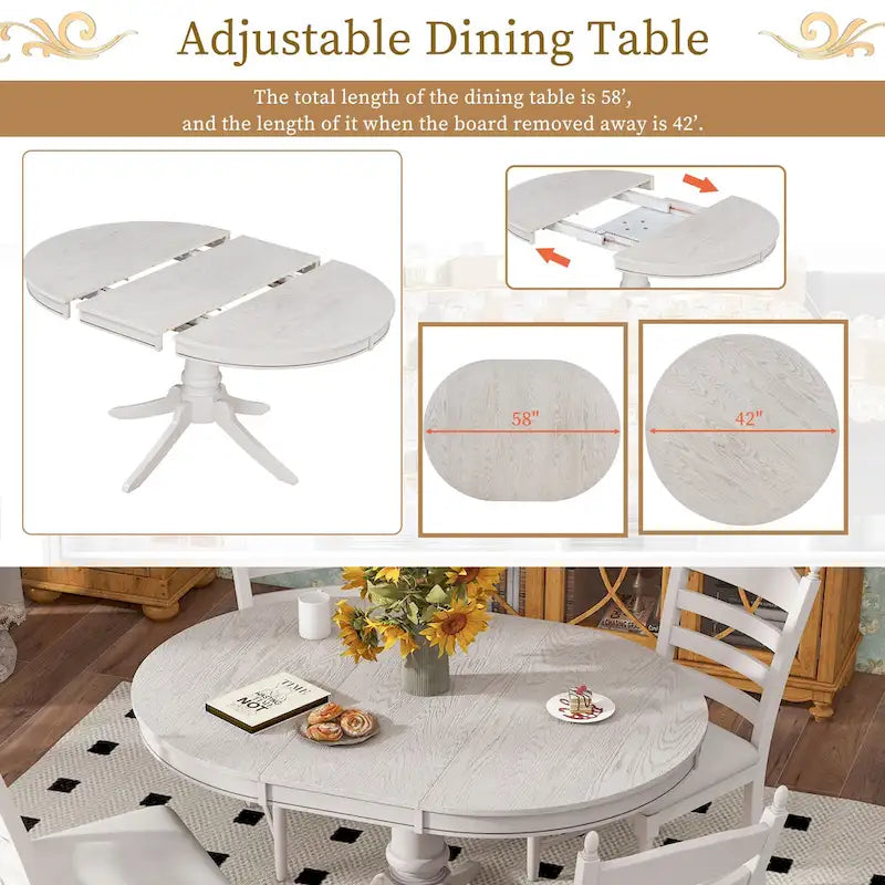 Set da 5 Pezzi Tavolo da Pranzo Rotondo, Tavolo e Sedie da Cucina in Legno Massello con Tavolo Allungabile e 4 Sedie Imbottite