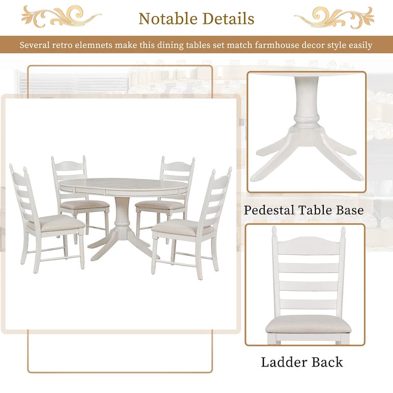 Set da 5 Pezzi Tavolo da Pranzo Rotondo, Tavolo e Sedie da Cucina in Legno Massello con Tavolo Allungabile e 4 Sedie Imbottite