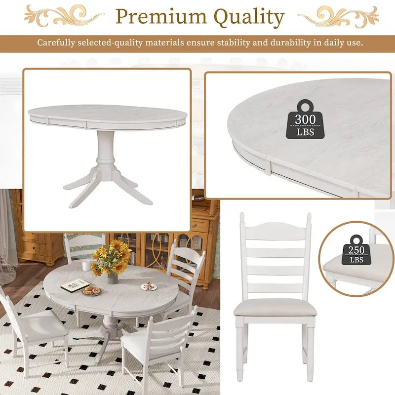 Set da 5 Pezzi Tavolo da Pranzo Rotondo, Tavolo e Sedie da Cucina in Legno Massello con Tavolo Allungabile e 4 Sedie Imbottite