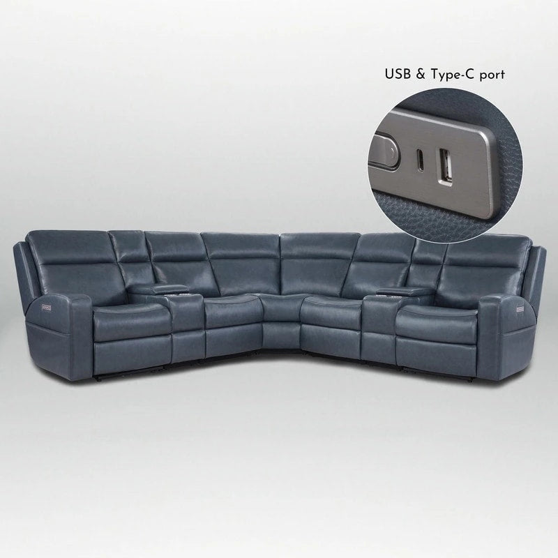 Divano angolare reclinabile elettrico in vera pelle blu, 4 posti, porte USB e USB-C