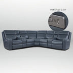 Divano angolare reclinabile elettrico in vera pelle blu, 4 posti, porte USB e USB-C