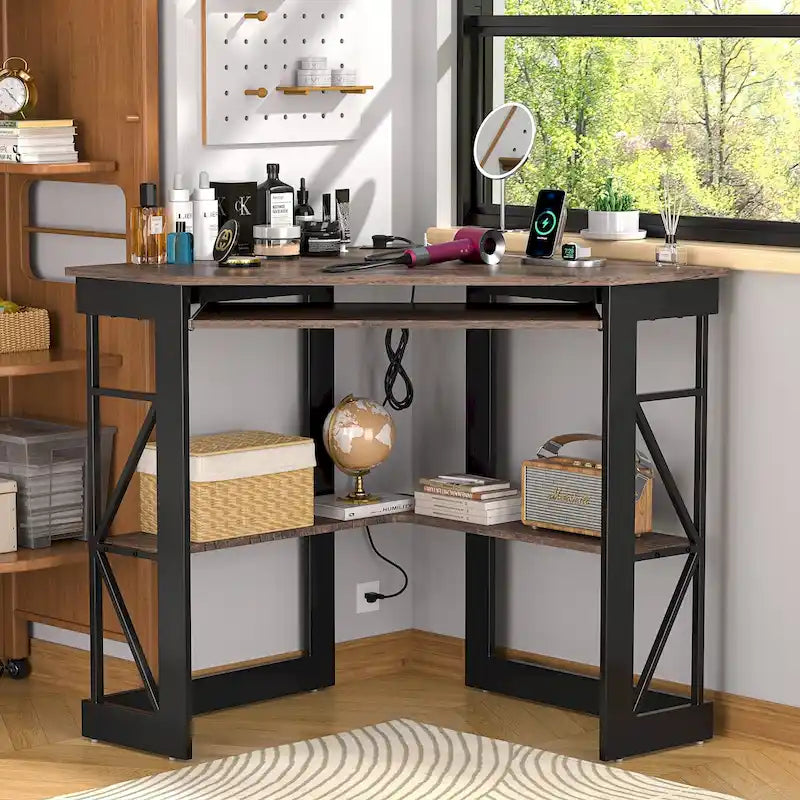 Scrivania angolare triangolare con prese e porte USB – Bianco/Nero/Marrone, Postazione singola