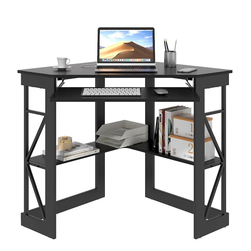 Scrivania angolare triangolare con prese e porte USB – Bianco/Nero/Marrone, Postazione singola