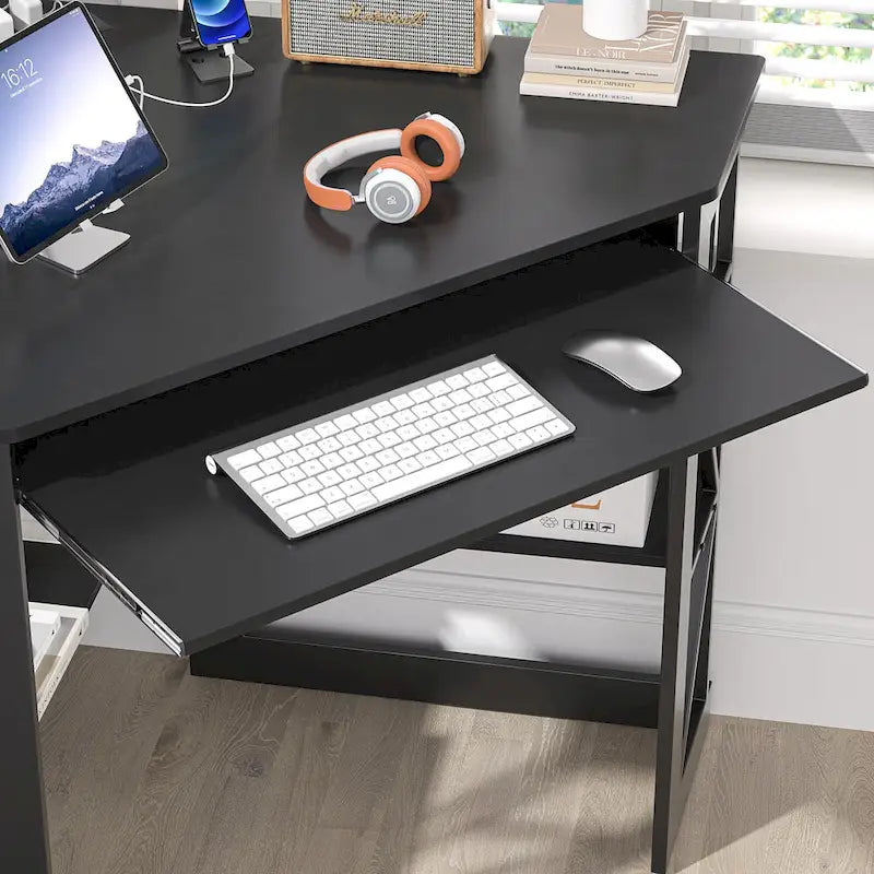 Scrivania angolare triangolare con prese e porte USB – Bianco/Nero/Marrone, Postazione singola