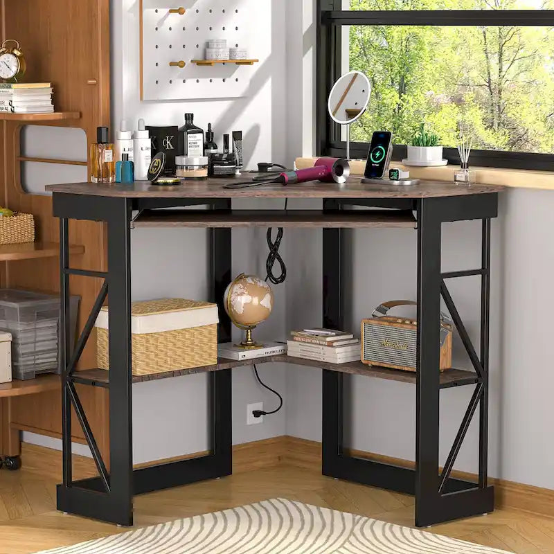 Scrivania angolare triangolare con prese e porte USB – Bianco/Nero/Marrone, Postazione singola