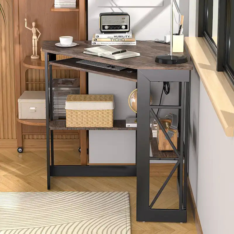 Scrivania angolare triangolare con prese e porte USB – Bianco/Nero/Marrone, Postazione singola
