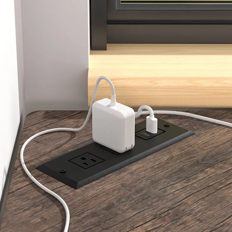 Scrivania angolare triangolare con prese e porte USB – Bianco/Nero/Marrone, Postazione singola