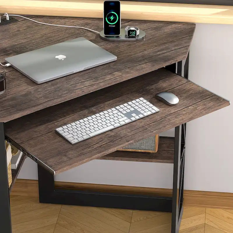 Scrivania angolare triangolare con prese e porte USB – Bianco/Nero/Marrone, Postazione singola