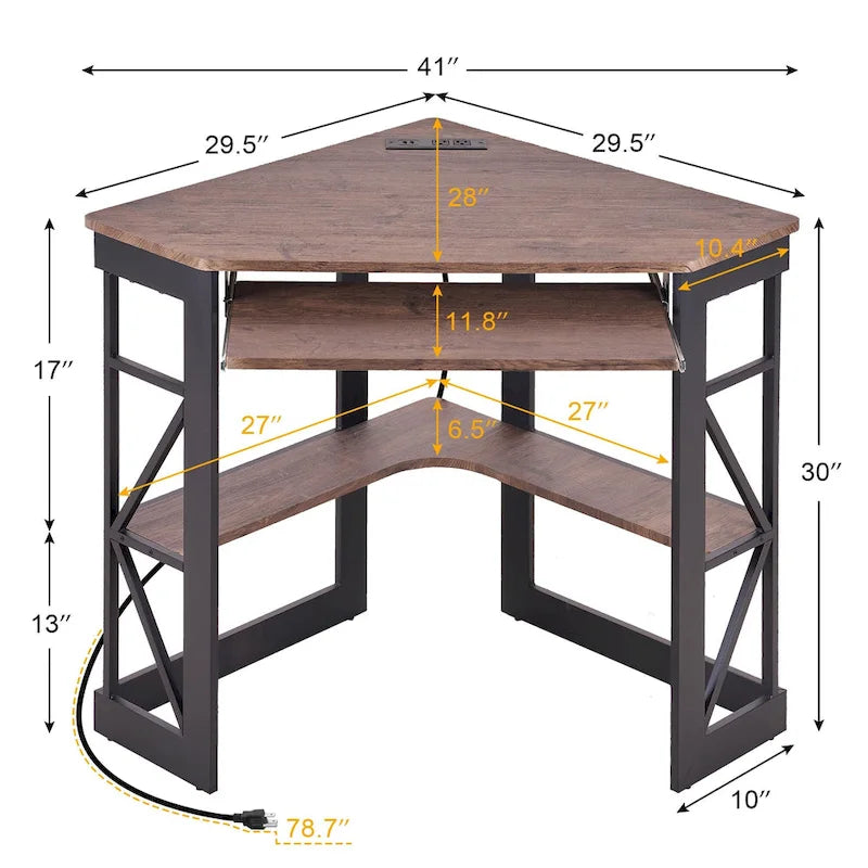 Scrivania angolare triangolare con prese e porte USB – Bianco/Nero/Marrone, Postazione singola