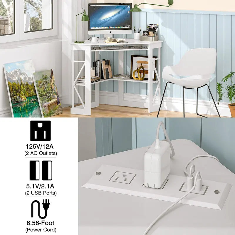 Scrivania angolare triangolare con prese e porte USB – Bianco/Nero/Marrone, Postazione singola