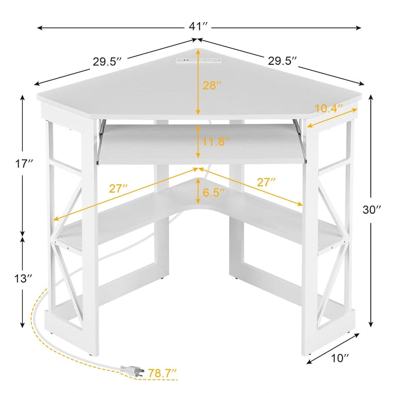 Scrivania angolare triangolare con prese e porte USB – Bianco/Nero/Marrone, Postazione singola