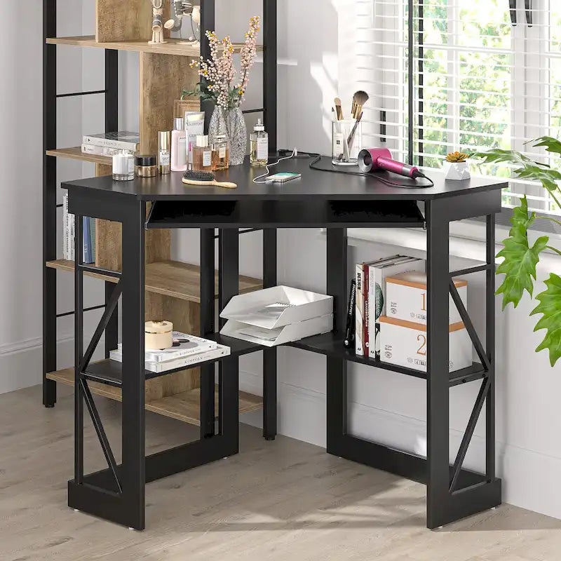 Scrivania angolare triangolare con prese e porte USB – Bianco/Nero/Marrone, Postazione singola
