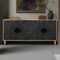 Mobile TV 160 cm nero e naturale/bianco nero, ante intagliate, gambe in legno