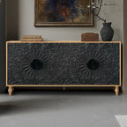 Mobile TV 160 cm nero e naturale/bianco nero, ante intagliate, gambe in legno