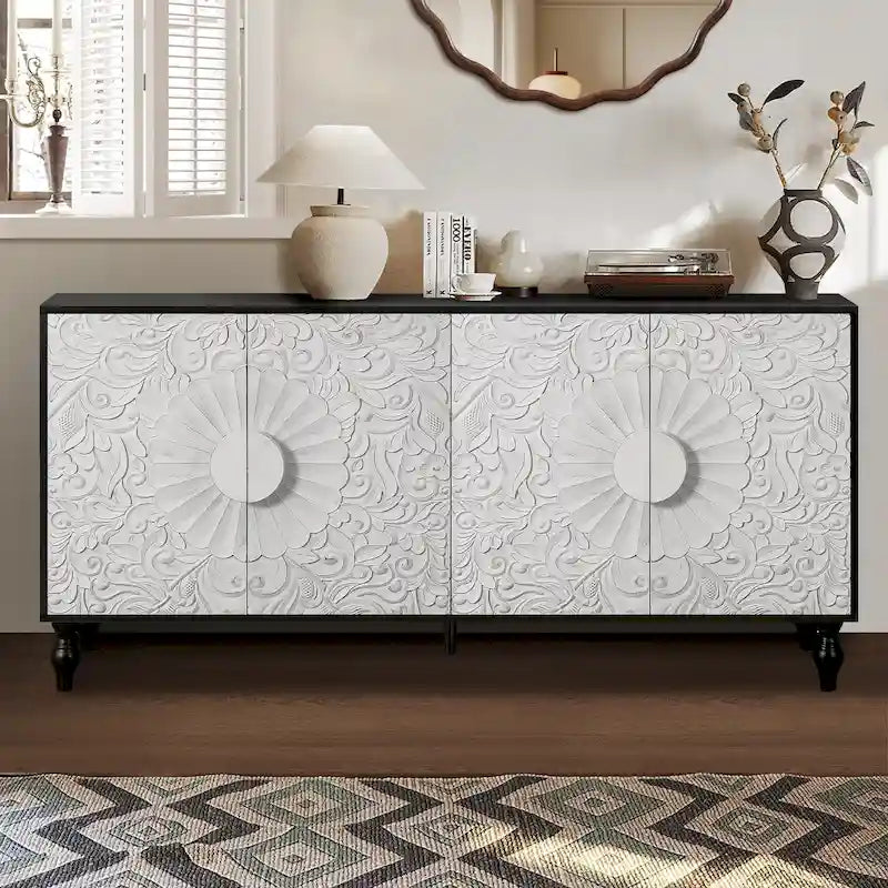 Mobile TV 160 cm nero e naturale/bianco nero, ante intagliate, gambe in legno