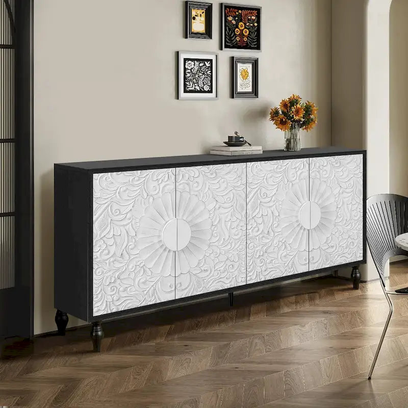 Mobile TV 160 cm nero e naturale/bianco nero, ante intagliate, gambe in legno