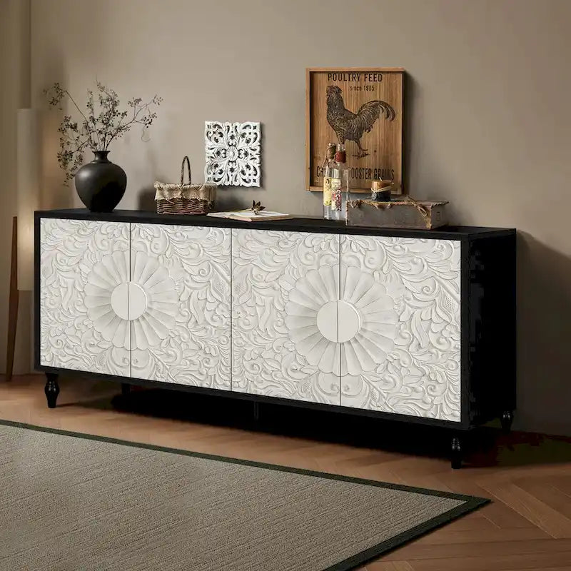 Mobile TV 160 cm nero e naturale/bianco nero, ante intagliate, gambe in legno