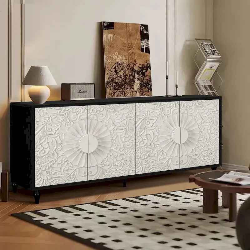 Mobile TV 160 cm nero e naturale/bianco nero, ante intagliate, gambe in legno