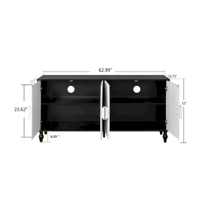 Mobile TV 160 cm nero e naturale/bianco nero, ante intagliate, gambe in legno