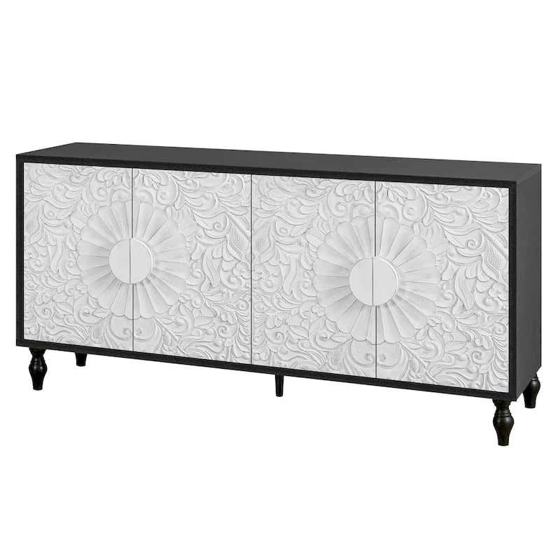 Mobile TV 160 cm nero e naturale/bianco nero, ante intagliate, gambe in legno