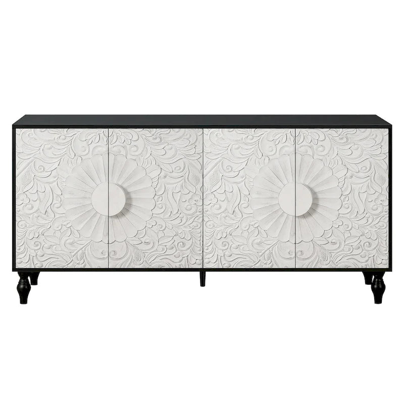 Mobile TV 160 cm nero e naturale/bianco nero, ante intagliate, gambe in legno