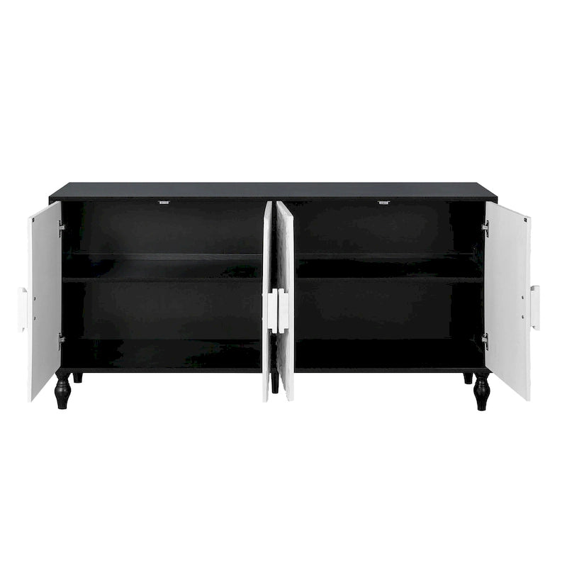 Mobile TV 160 cm nero e naturale/bianco nero, ante intagliate, gambe in legno