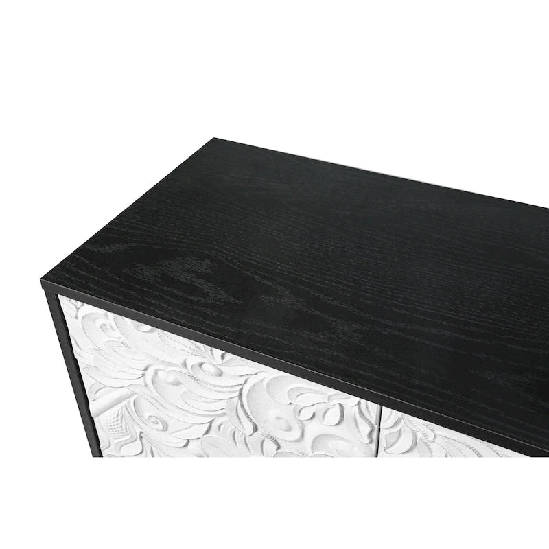 Mobile TV 160 cm nero e naturale/bianco nero, ante intagliate, gambe in legno