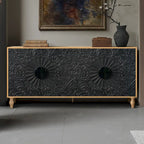 Mobile TV 160 cm nero e naturale/bianco nero, ante intagliate, gambe in legno