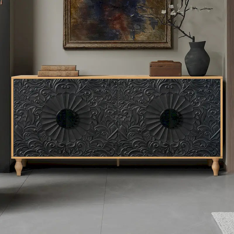 Mobile TV 160 cm nero e naturale/bianco nero, ante intagliate, gambe in legno