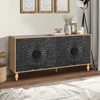Mobile TV 160 cm nero e naturale/bianco nero, ante intagliate, gambe in legno