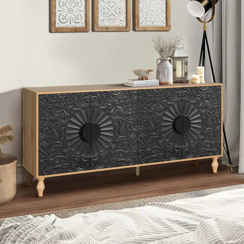 Mobile TV 160 cm nero e naturale/bianco nero, ante intagliate, gambe in legno