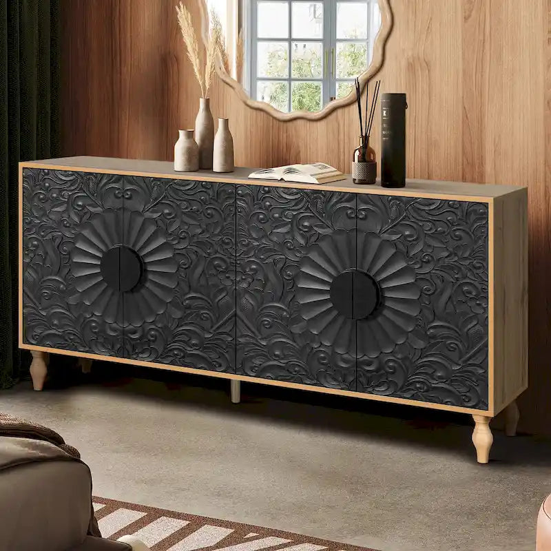 Mobile TV 160 cm nero e naturale/bianco nero, ante intagliate, gambe in legno