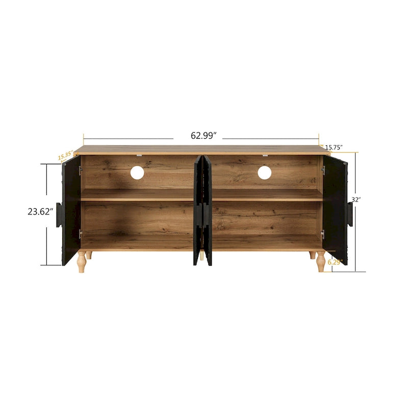 Mobile TV 160 cm nero e naturale/bianco nero, ante intagliate, gambe in legno
