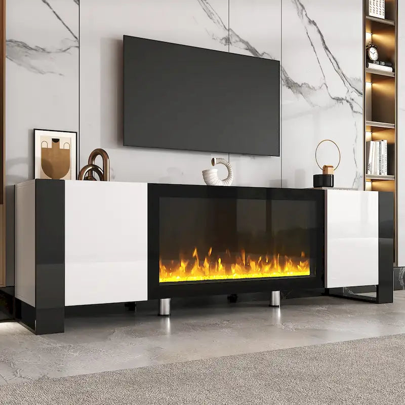 Mobile TV con Caminetto Minimalista Bianco/Nero, con 2 Armadietti, Adatto a TV fino a 78", Montaggio per 2 Persone