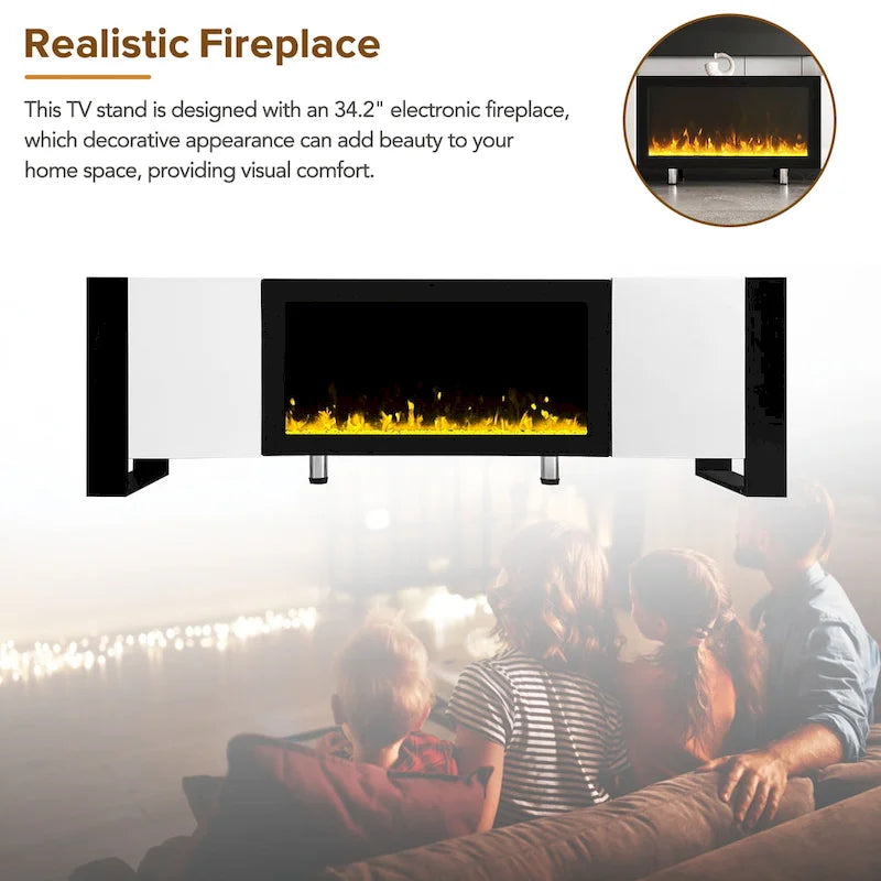 Mobile TV con Caminetto Minimalista Bianco/Nero, con 2 Armadietti, Adatto a TV fino a 78", Montaggio per 2 Persone