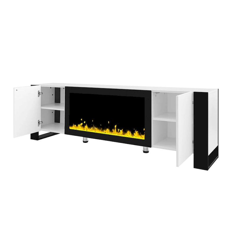 Mobile TV con Caminetto Minimalista Bianco/Nero, con 2 Armadietti, Adatto a TV fino a 78", Montaggio per 2 Persone
